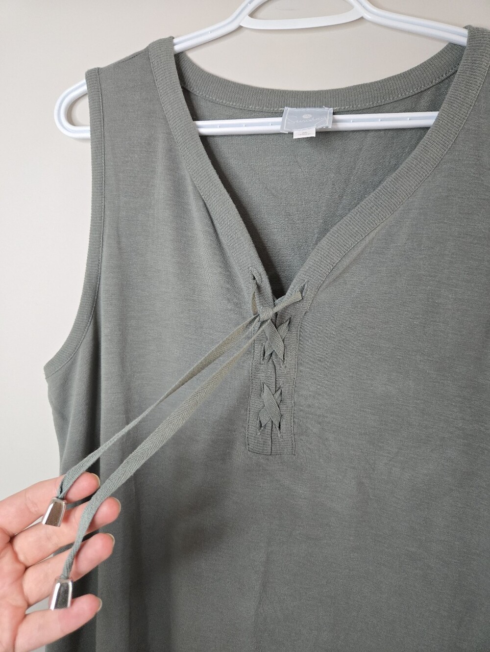 Sunday Olive Green Sleeveless Midi Dress With Front Lace Up Details - NEW - Picture 4 of 6
